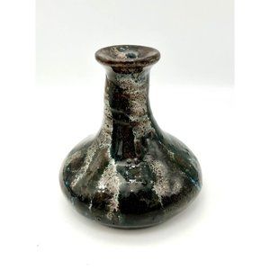 Studio Art Pottery Bud Vase or Oil Lamp Blue Black Grey Ceramic Drip Glaze